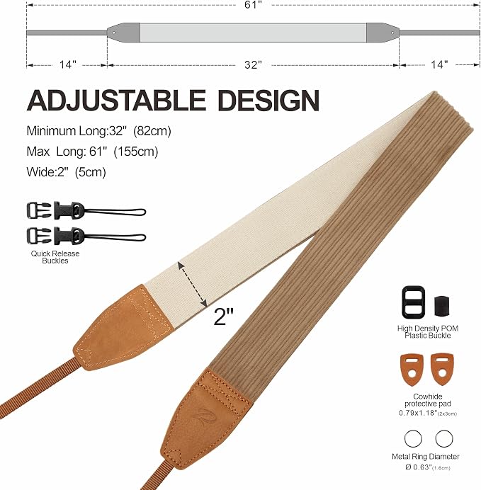 Padwa Lifestyle Camel Corduroy Camera Strap - 2" Double Layer Full Grain Cowhide Leather Head Camera Straps for Photographers, Unique Soft Corduroy Fabric with Quick Release fits all Cameras - Image 6