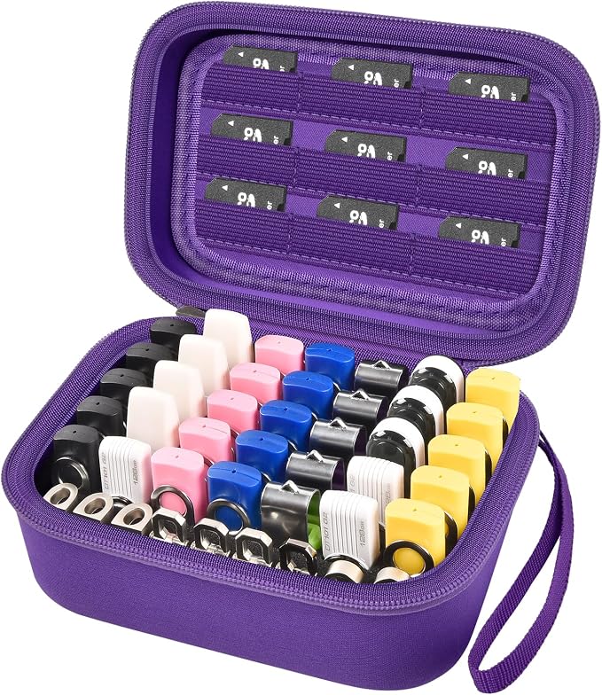 Comecase USB Flash Drive Case, Holds 44 USB Drives and 9 SD Cards | Pre-Cut Foam Fits Mixed Drive Sizes Flash Drive; EVA Shell Protects Data on the Go, Purple, Large, Case Only by COMECASE