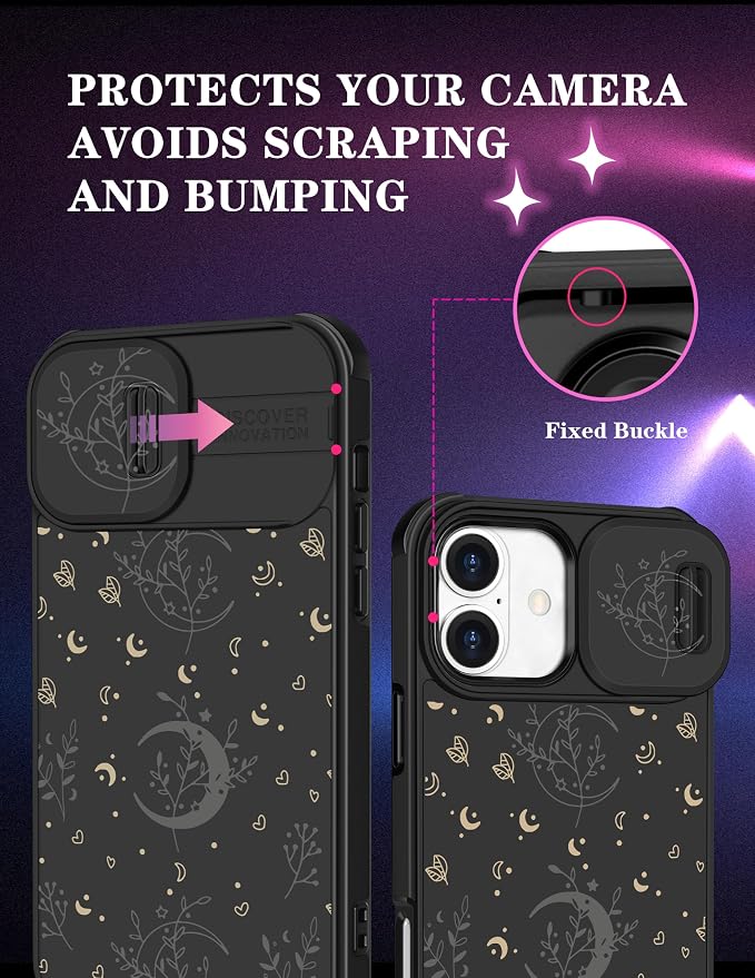 for iPhone 16 Plus Case - Women Cute Phone Cover Girly Pretty Fancy Unique Aesthetic Design Slide Camera Cover Protective Case for Apple for iPhone 16 Plus,Black Moon Stars - Image 3