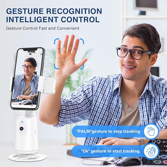 Auto Face Tracking Tripod 360° Rotating Cell Phone Photo and Video Kits Stand, No App, Camera Stand with Remote and Gesture Control, Rechargeable Smart Shooting Stand for Live Recording Tiktok（White） - Image 2