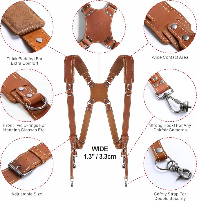 Padwa Lifestyle Tan Dual Camera Harness Strap with Padded for Two Cameras - Dual Shoulder Full Grain Leather Harness,Multi Camera Gear for DSLR/SLR Strap,Double Camera Harness for Photographers - Image 2
