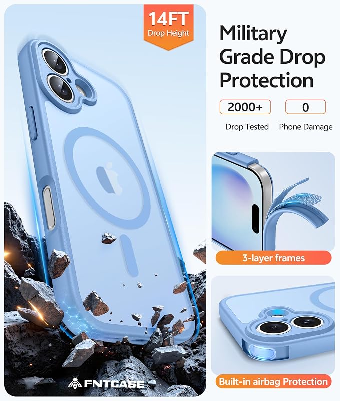 FNTCASE for iPhone 16 Plus Case, Fit for Magsafe, Screen Protector | Full Camera Protection, Translucent Matte, 14FT Military Grade Drop Proof, Shockproof Protective Phone Cover, Light Blue - Image 5