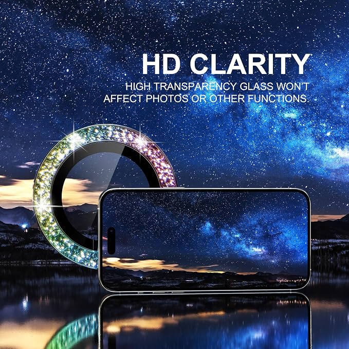 Choiche for iPhone 15 Pro/iPhone 15 Pro Max Camera Lens Protector | Ultra HD, Bling 9H Tempered Glass Camera Cover Screen Protector Metal Ring Decoration Accessories (Glitter-Colorful) - Image 5