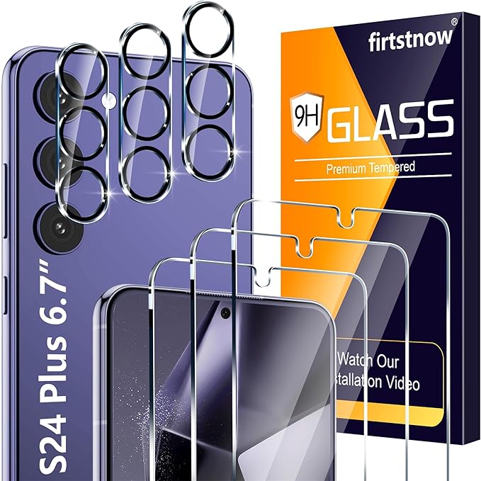 firtstnow 3 Pack for Samsung Galaxy S24 Plus Screen Protector Tempered Glass + 3 Pack Camera Lens Protector, Military Grade Shatterproof, 9H Hardness, Fingerprint Unlock, Case Friendly 6.7 Inch by Unknown