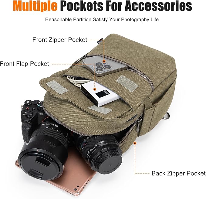 Cwatcun Large Canvas Sling Bag, Crossbody Chest Bag with Tripod Holder | Fits 1body +2lenses +9.7" iPad +6.7"phone.Waterresistant canvas with rain cover, tripod holder, adj strap 29.5-51.2". - Image 5