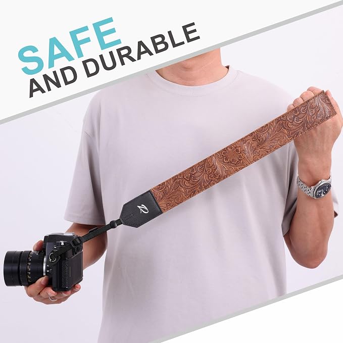 Padwa Lifestyle Camera Strap - 2" Brown Faux Leather Carving Camera Straps with Full Grain Leather Ends for Photographers, Vintage Soft Suede Fabric Padded Strap Quick Release fits All Cameras - Image 5