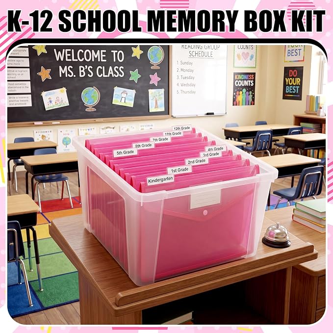 Motipuns 14 Pack K-12 School Memory Box Back to School, Pink | Large Capacity Organizer, 16 Questionnaire Cards, Photo Album Keepsake Scrapbook, from Pre to 12th Grade File Picture Folder - Image 4
