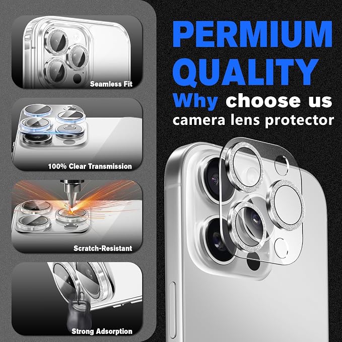 2 Pack for iPhone 16 Pro Max Camera Lens Protector | Bling Tempered Glass 9 Hardness,Anti-Scratch High Definition Camera Screen Protector (Silver) - Image 5