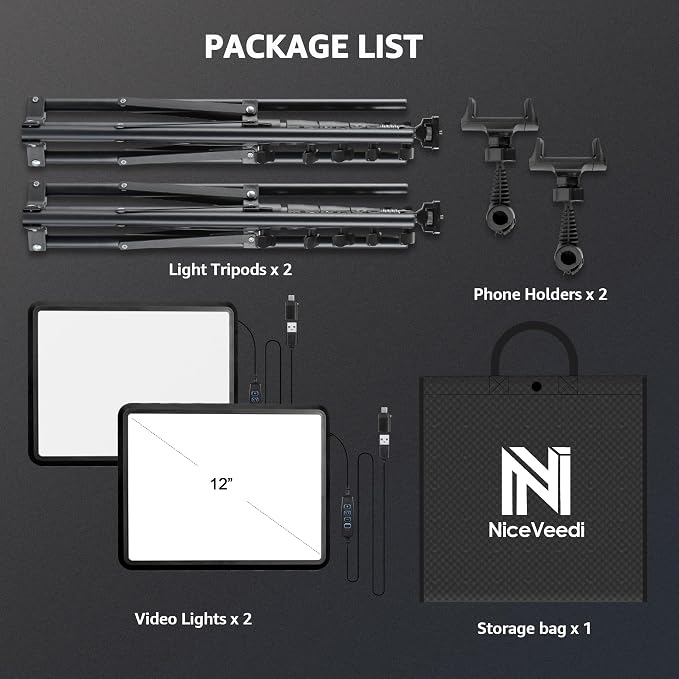 2-Pack LED Video Light Kit, NiceVeedi Studio Light, 2800-6500K Dimmable Photography Lighting Kit with Tripod Stand&Phone Holder, 73" Stream Light for Video Recording, Game Streaming, YouTube - Image 8