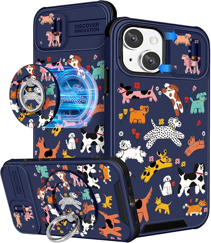 Buleens for iPhone 15 Case 6.1 Inch - with Ring Stand & Camera Cover Aesthetic Cute Designed for Women Girls Cartoon Kawaii Dogs for Phone Case for iPhone 15 Compatible with Magsafe by Buleens