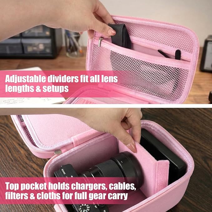 casmilee Camera Case for Sony Alpha ZV-E10 Alpha a6400/ a6700/ a6100/ a6000/ a6600/ a6500 Mirrorless Digital Camera, Hard Travel Bag with a Shoulder Strap for Lens & Accessories (Pink, Large) - Image 4