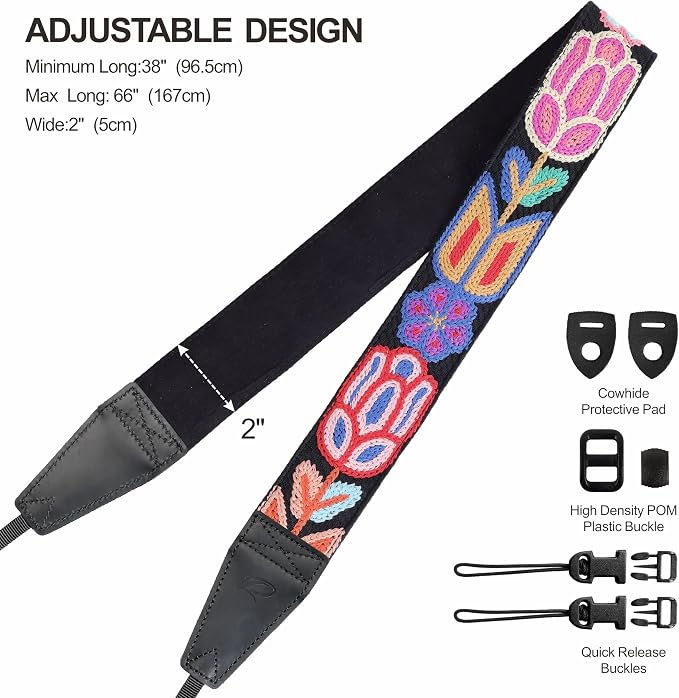 Padwa Lifestyle Colorful Crochet Camera Strap - 2" Full Grain Leather Ends Camera Straps for Photographers, Vintage Woven Cotton Soft Suede Fabric Padded Strap with Quick Release fits All Cameras - Image 6