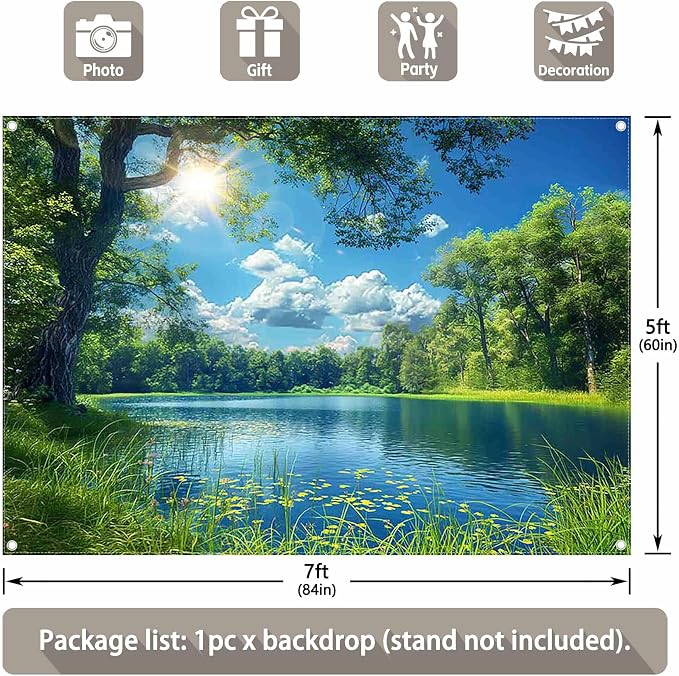 Fabric 7x5ft Lake Natural Scenery Backdrop River Camp Banner | Mountain Forest Tree Blue Sky Bokeh Photography Background, Picnic Hiking Party Decorations, Spring Outdoor Photo Props - Image 3