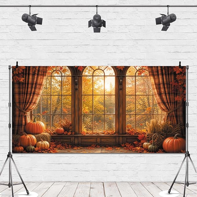 Autumn Fall Window Backdrop 20x10ft Rustic Wooden Arched Window with Pumpkin Maple Leaves Thanksgiving Harvest Photo Background for Party Decor Portrait Photography Booth Props Vinyl by Leowefowa