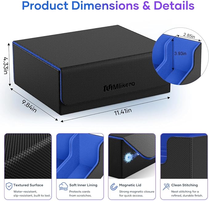 Mlikero Trading Card Storage Box, Bulk Card Storage for 1800+ Sleeved Cards, PU Leather Magnetic Closure Card Organizer with 10 Dividers & 3 Foam Stoppers, Fit for MTG, TCG and Sports Cards (Blue) - Image 6