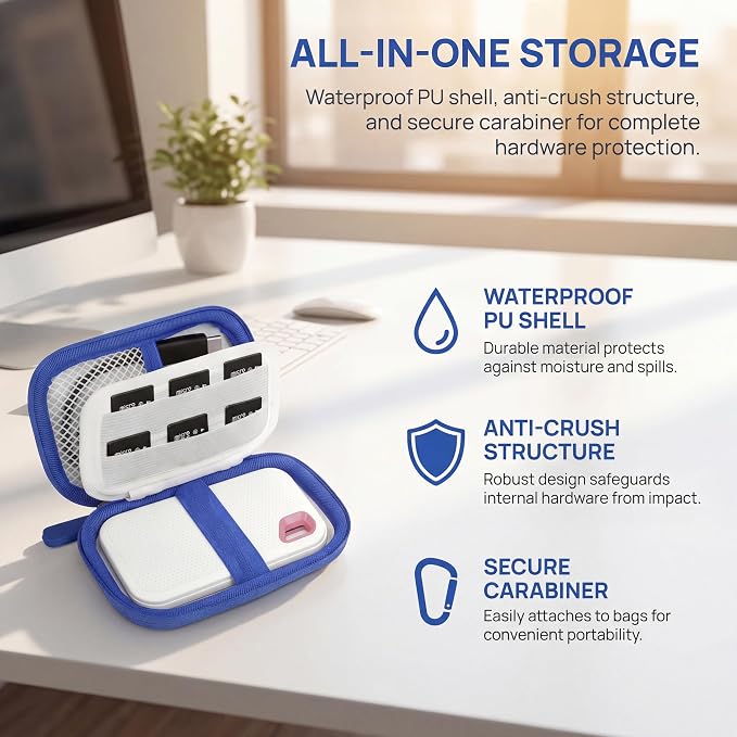 PAIYULE Hard Case for SanDisk Extreme Portable SSD & PRO,SD Card Pocket | Fits 250GB, 500GB, 1TB, 2TB and 4TB SSDs, with SD Card Pocket,Elastic Strap,Mesh Pocket and Carabiner, Case Only White - Image 4