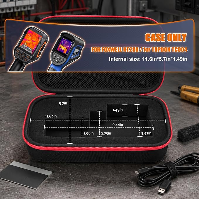 Boobowl Large Hard Thermal Camera Case for TOPDON TC004, for FOXWELL RT280 | DIY Foam, Accessory Pocket for USB Cable and Calibration Card, HVAC Technicians and Field Inspection, Case Only - Black - Image 2