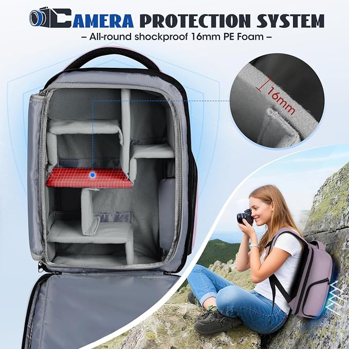 Camera Backpack Camera Bag for Photographers DSLR SLR Mirrorless Camera Cases with Waterproof Rain Cover & Laptop Compartment Fits 14 Inch Laptop,Anti Theft Travel photography backpack,Pink - Image 4
