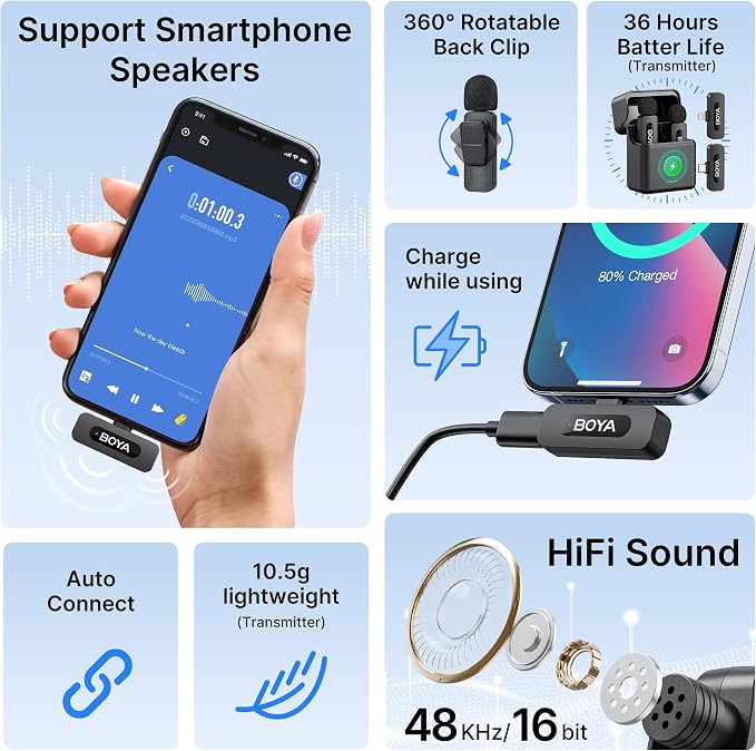 BOYA BY-V3 Combo Wireless Microphone for iPhone Android Smartphone,100M Los Range,36H Duration,Noise Cancellation,Plug&Play Lavalier Lapel Mics for Vlogging Interview 2-in-1 Charging Case(2TX+2RX) - Image 3