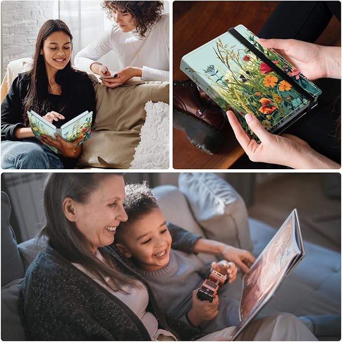DEGDFSGR Small Photo Album 4x6 60 Pockets 120 Photos - Adventure Book Baby Photo Albums Photo Books for 4X6 Pictures Memory Book with Black Elastic Band for Photo Storage, A Grassy Field With Flowers - Image 3