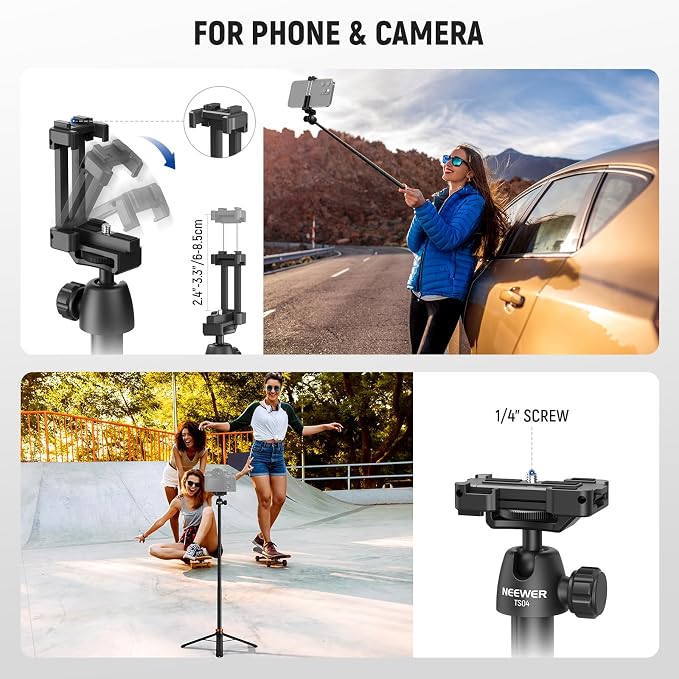 NEEWER BASICS 59"Selfie Stick Tripod Compatible with iPhone & DLSR Camera, Small Metal Compact Portable Travel Desk Stand with Remote Ball Head 2in1 Cell Phone Holder Mount for Video Recording Filming - Image 3