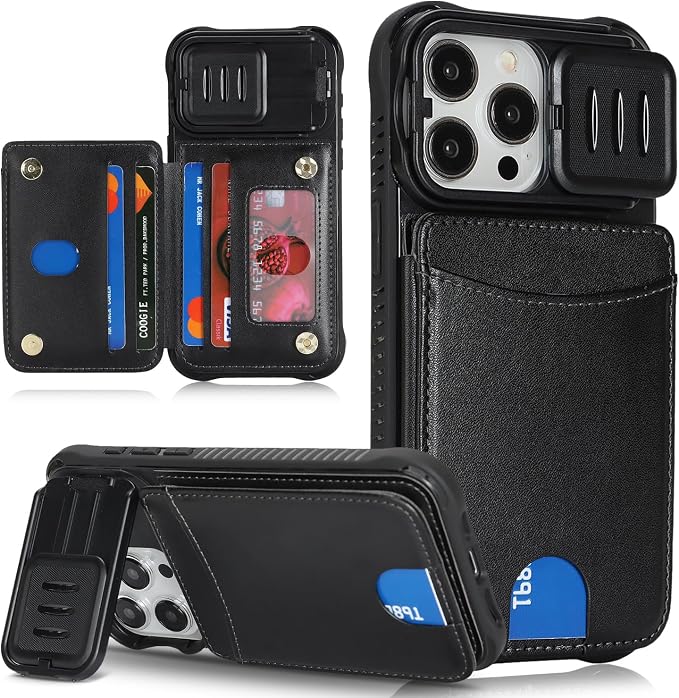 Cavor for iPhone 15 Pro Max Wallet Case with Card Holder, Black | Slide Camera Control Cover, PU Leather Kickstand Stand Protective Phone Case for Women Men by Cavor