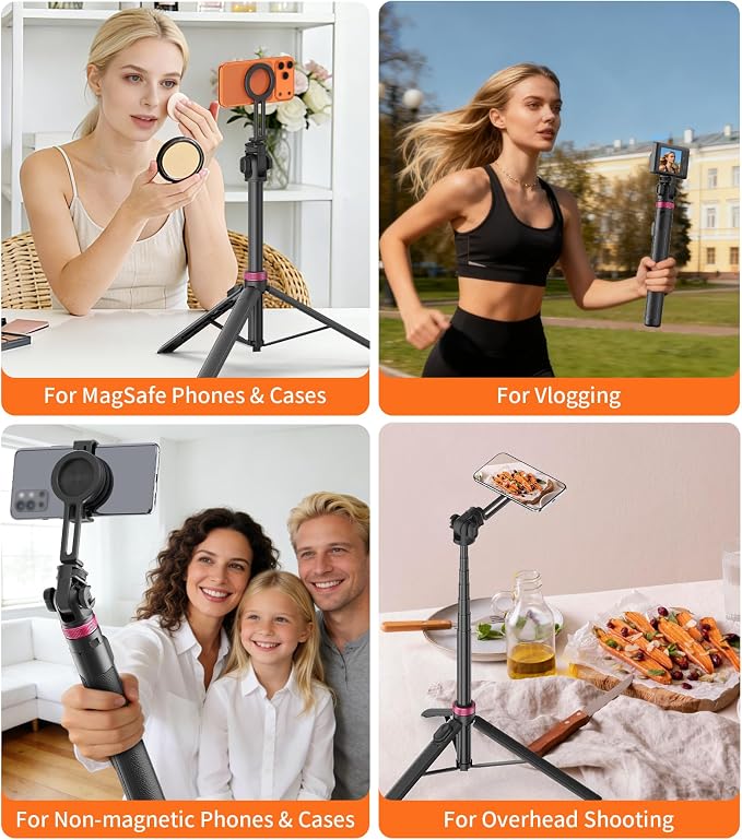 69" Magnetic Phone Tripod Stand Selfie Stick with Remote & Phone Mount | Portable Stand holder Rechargeable with Tripod Leg，360°Rotatable Travel Tripod Compatible for iPhone/Android/Magsafe - Image 8