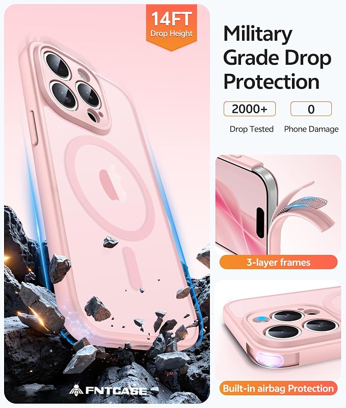 FNTCASE for iPhone 15 Pro Case, Fit for Magsafe, Screen Protector | Full Camera Protection, Translucent Matte, 14FT Military Grade Drop Proof, Shockproof Protective Phone Cover, Light Pink - Image 5