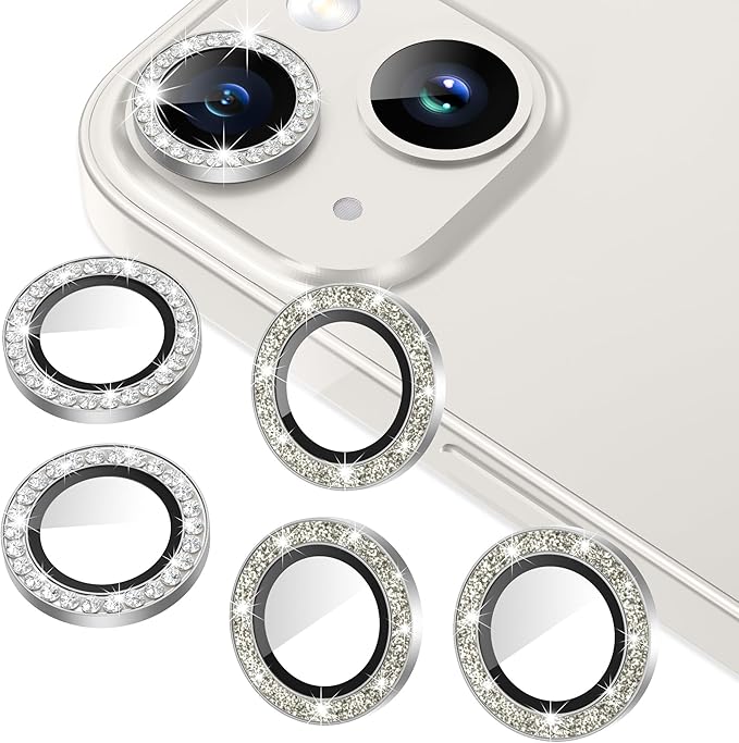 AGVEE 3+3 6 Pack for iPhone 14/14 Plus Camera Lens Protector Cover | Individual Bling Diamond & Bling Glitter Sparkle Cute Gem Metal Ring, 9H Tempered HD Glass by AGVEE