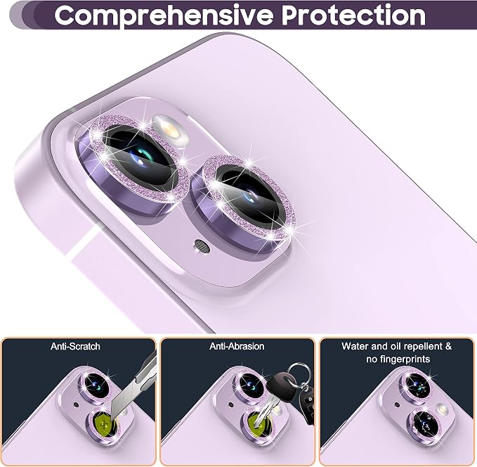 Suoman for iPhone 14 6.1 inch / 14 Plus 6.7 inch Camera Lens Protector, 9H Tempered Glass Film, Metal Frosted Independent Protective Cover [Glitter Diamonds]- Purple - Image 4