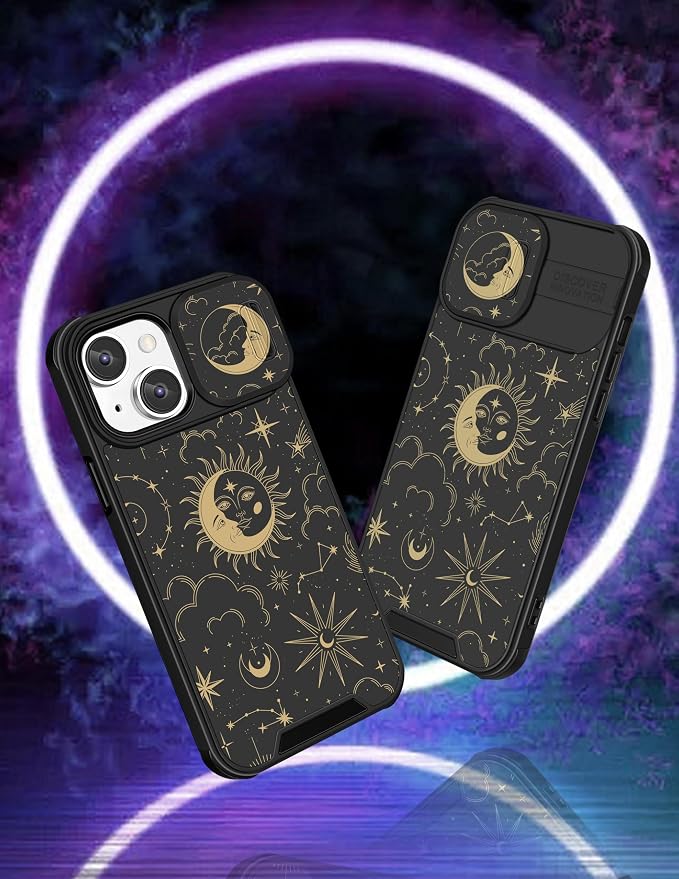 (2in1 for iPhone 13 Mini Case Sun and Moon Stars Women Cute Space Phone Cover with Slide Camera Cover Protective Fashion Golden Print Design Cases for iPhone 13Mini 5.4'' - Image 4