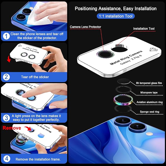 Meshine for Samsung Galaxy Z Flip 8 Camera Lens Protector,Scratch Proof,Strong Adsorption,9H Hardness with Metal Ring Camera Cover,Ultra Thin Case Friendly,Accessories Lens Protector,Shiny Colorful - Image 3