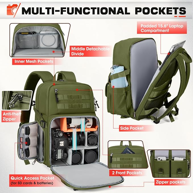 RAINSMORE Camera Backpack, DSLR/SLR/Mirrorless Camera Bag for Photographers | 15.6 Inch, Waterproof Tactical Photography Backpack Case, with Rain Cover & Tripod Holder - Image 2
