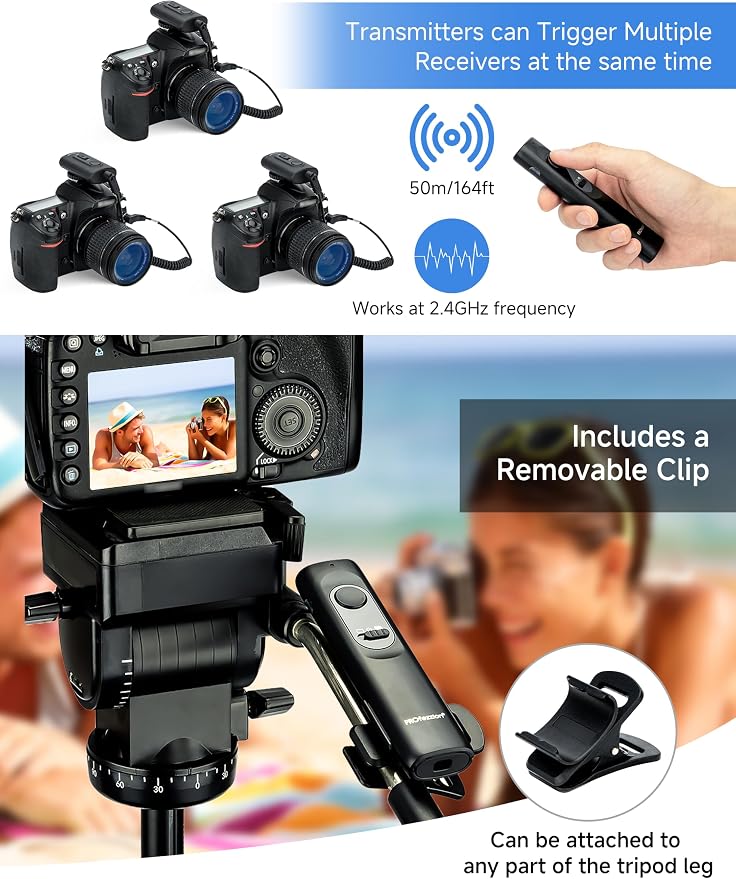 PROfezzion 164ft Remote Shutter Release Wireless for Select Nikon Cameras | for Nikon Z8 Z9 D850 D500 D5 D810 D810A D800 D700 D4s D4 D3 D3s D3X D2H D2X D2Hs D2Xs, AAA Battery, Tripod Clip - Image 5