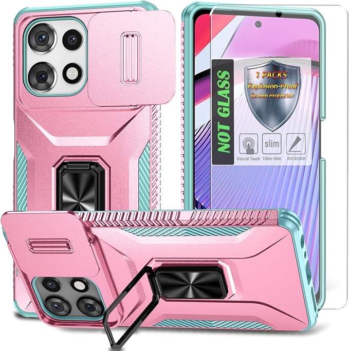 for Moto G Play 5G 2025 Case with Sliding Camera Lens Cover,HD Screen Protector,360° Rotating Ring Kickstand,AYMECL Military-Grade Shockproof Protective Cover for Motorola G Power 2025,Pink+Turquoise by AYMECL