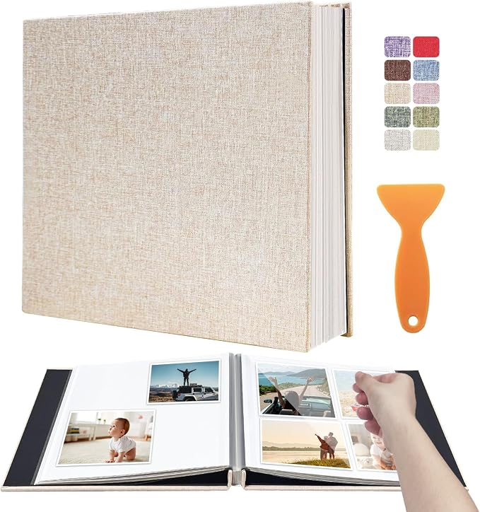 Photo Album Scrapbook – Holds 4x6, 5x7 & 8x10 Pictures – Self-Adhesive Pages for Baby, Wedding, Travel & Family Memories | Includes Metallic Pen & Scraper/Light Beige Large DIY Memory Book for Gifts by HoneyTolly