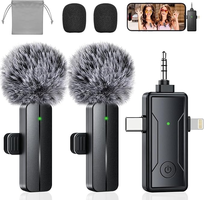 3 in 1 Wireless Mini Microphone for iPhone Android Phone Camera: Lavalier Lapel Mic for Video Recording - Noise Cancelling Clip on Shirt Microphones for Tiktok YouTube Podcast Vlogging by PGDLOF