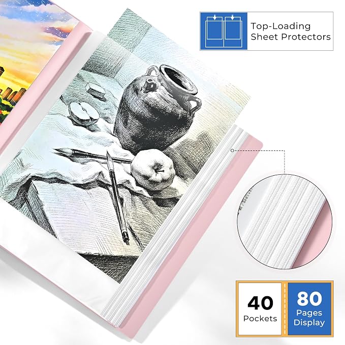 XRUNMIX Art Portfolio 8.5X 11 Inch, 40 Pockets (80 Pages Capacity) Letter Size Display Book with Clear Sheet Protectors, Presentation Folder for Artwork/Documents/Photos - Image 3
