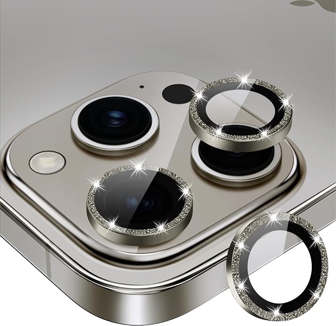 for iPhone 15 Pro/15 Pro Max Camera Lens Protector Glitter, Gray | Individual Metal, 9H Hardness, Scratch Resistant, Shockproof, Drop Protection, Case Friendly, Stylish Accessories by Xfilm