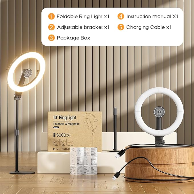 10" Magnetic Ring Light Overhead Camera Phone Mount, XINBAOHONG LED Selfie Light with Stand and Phone Holder, Rechargeable Desk Light for Video Recording（Standing） - Image 7