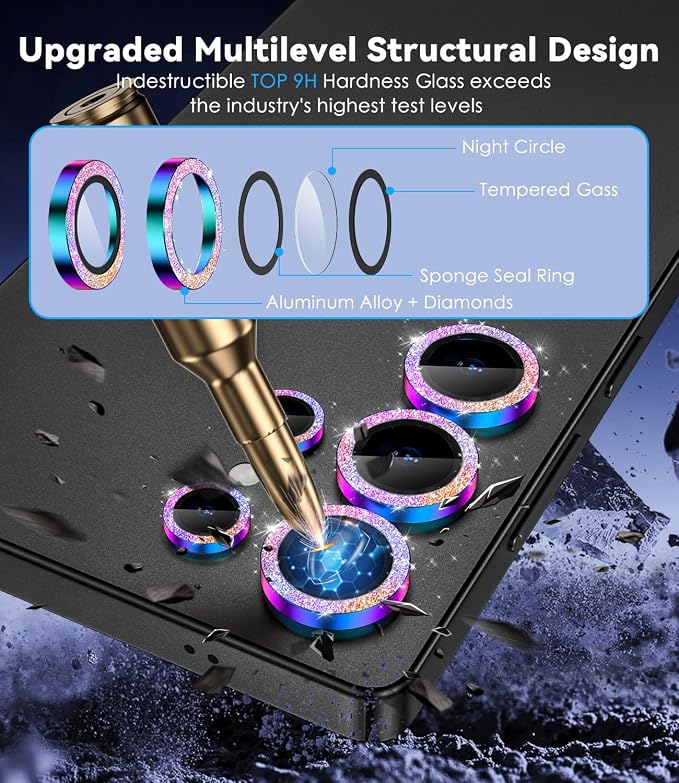 CloudValley for Samsung Galaxy S25 Ultra Camera Lens Protector Bling | 9H Tempered Glass + Aluminum Alloy Lens Protective [Glitter Decoration] Ultra-HD Camera Cover,Glitter Titanium Colorful - Image 2