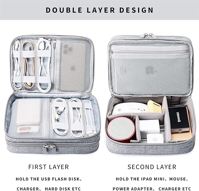 mygreen Electronic Accessories Organizer Bag, Waterproof Double Layer Travel Storage Case with Adjustable Padded Dividers, Portable Hard Pouch for Cables, Charger, Power Bank, Phone, Hard Drive Gray - Image 4
