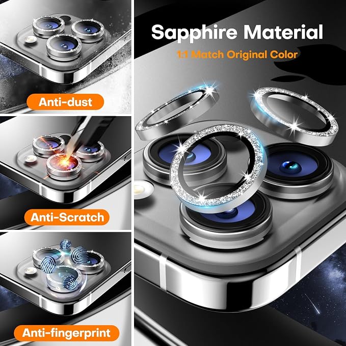 Camera Lens Protector for iPhone 17 Pro Max/17 Pro- Glitter Silver | 9H Tempered Glass, Metal Individual Camera Cover, Accessories, Anti-drop, Case Friendly, HD Clear, Anti-Scratch - Image 3
