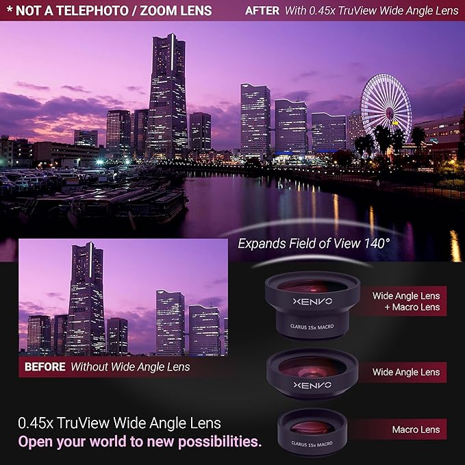 Xenvo Pro Lens Kit for iPhone and Android, Macro and Wide Angle Lens with LED Light and Travel Case Black - Image 3