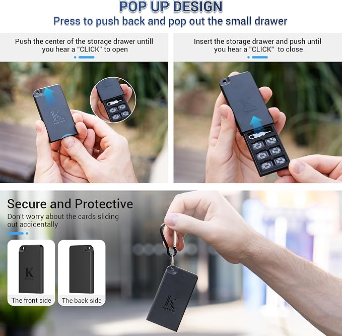 Pop-up Small TF Memory Card Case Holder for 8 TF MSD Cards with Carabiner, Portable Anti-Shock Splash-Proof MicroSD Card Case Storage Protector Organizer Keeper Container, Card Remove Tool Included - Image 3