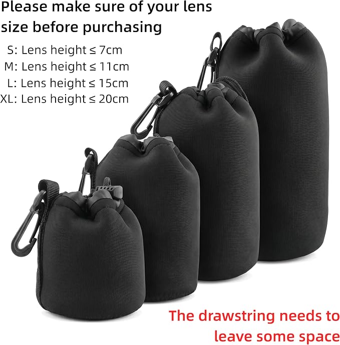 Camera Lens Bag, 4 Pack Protective Neoprene Lens Pouch with Drawstring & Carabiner, Lens Case for DSLR Camera Lens(S/M/L/XL) (M 4pcs) - Image 7