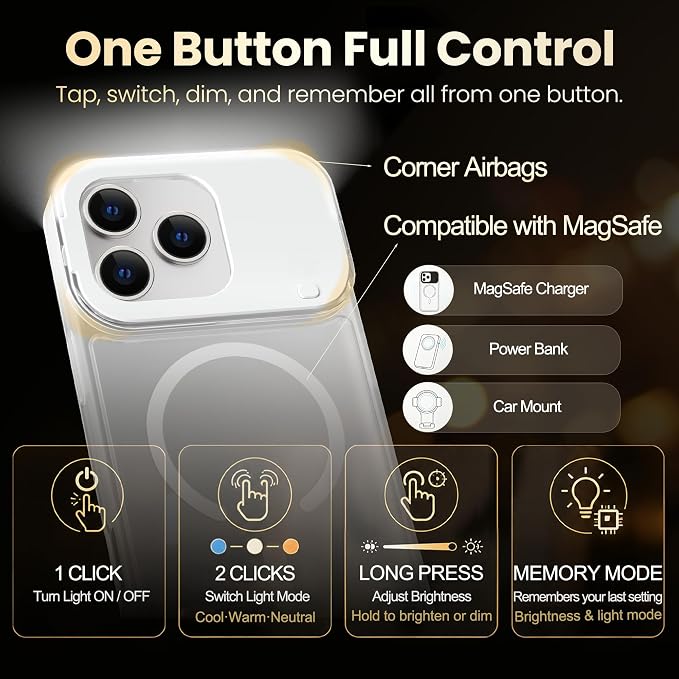 for iPhone 16 Case with Selfie Light, 3 Color Modes (White) | Compatible with MagSafe,Brightness Control, Memory Setting, USB-C Light Charging, Cable Included - Image 4