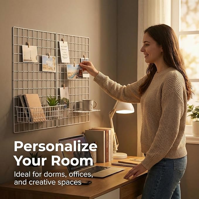 Kaforise Wire Wall Grid Panel, Multifunction Painted Photo Hanging Display and Wall Storage Organizer, Pack of 2, Size 25.6" x 17.7" White - Image 4