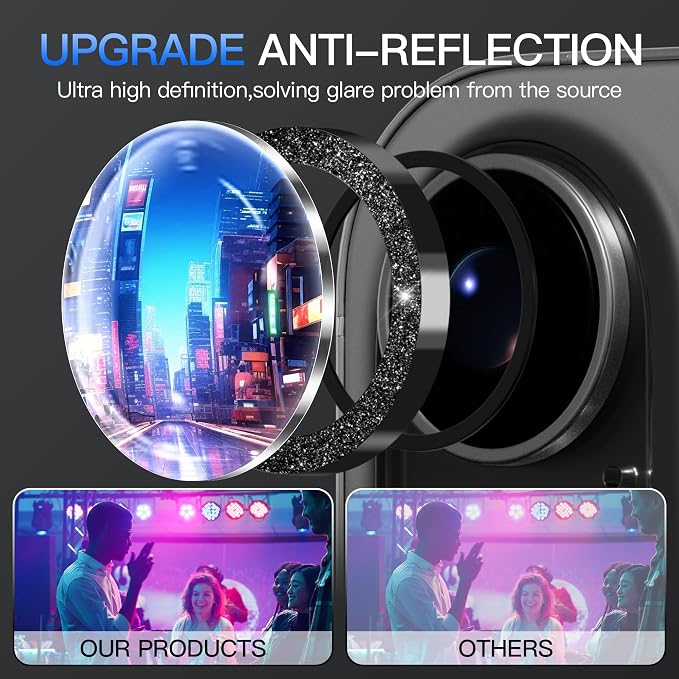Suoman for iPhone 17 Camera Lens Protector, Bling Glitter Independent Metal Crystal Tempered Glass Camera Lens Cover [Strong-Adhesion][Does not Affect Night Shots] -Black - Image 3