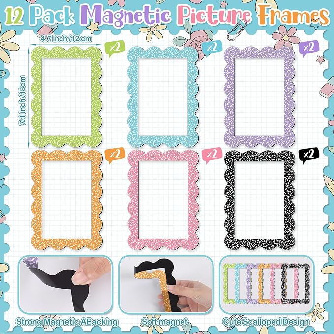Capoda 12 Pcs 4x6 Magnetic Picture Frames Back to School Picture Frame for Refrigerator Locker Accessories Magnetic Photo Holders Fridge Photo Magnets for Home School Office Decorations(Composition) - Image 2